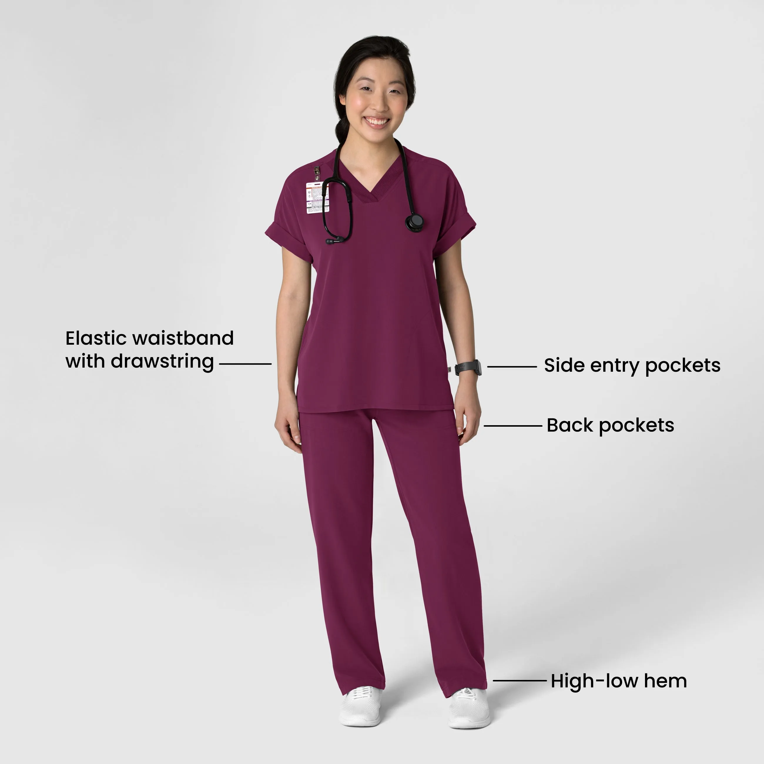 Nova Women's Stovepipe High-Low Hem Scrub Pant - Wine