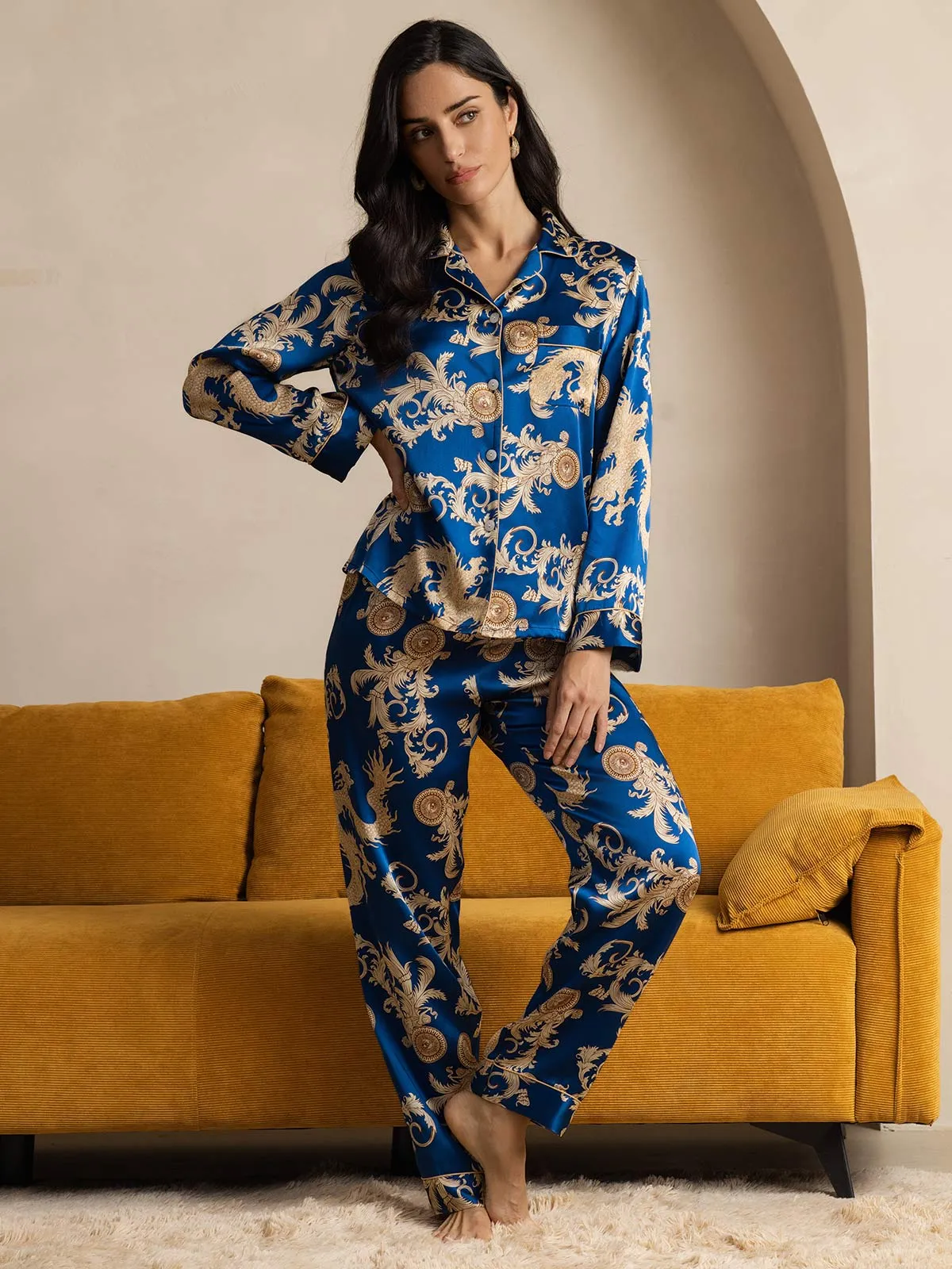 Pure Silk Dragon Print Long Sleeve Pajama Set