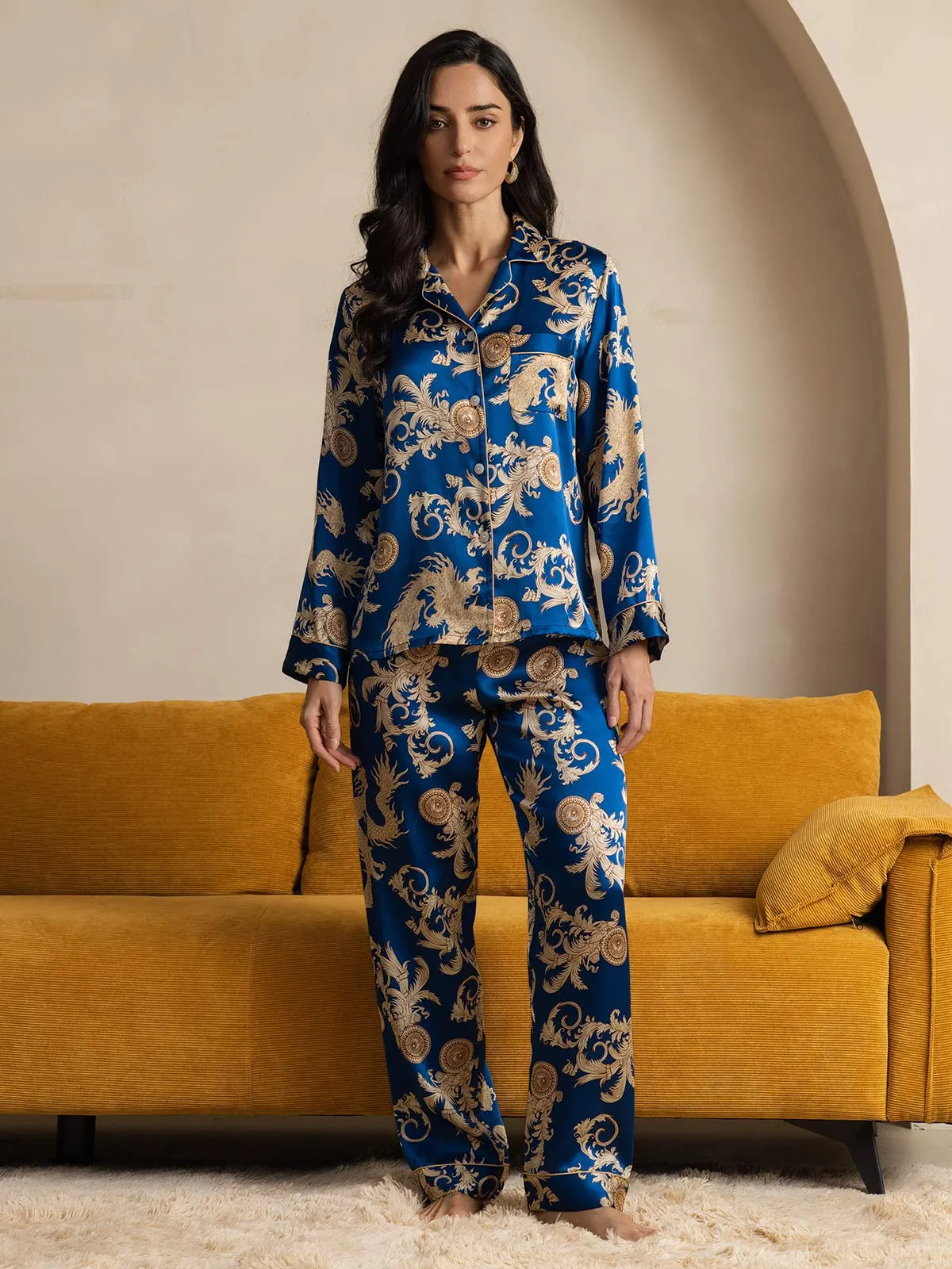 Pure Silk Dragon Print Long Sleeve Pajama Set