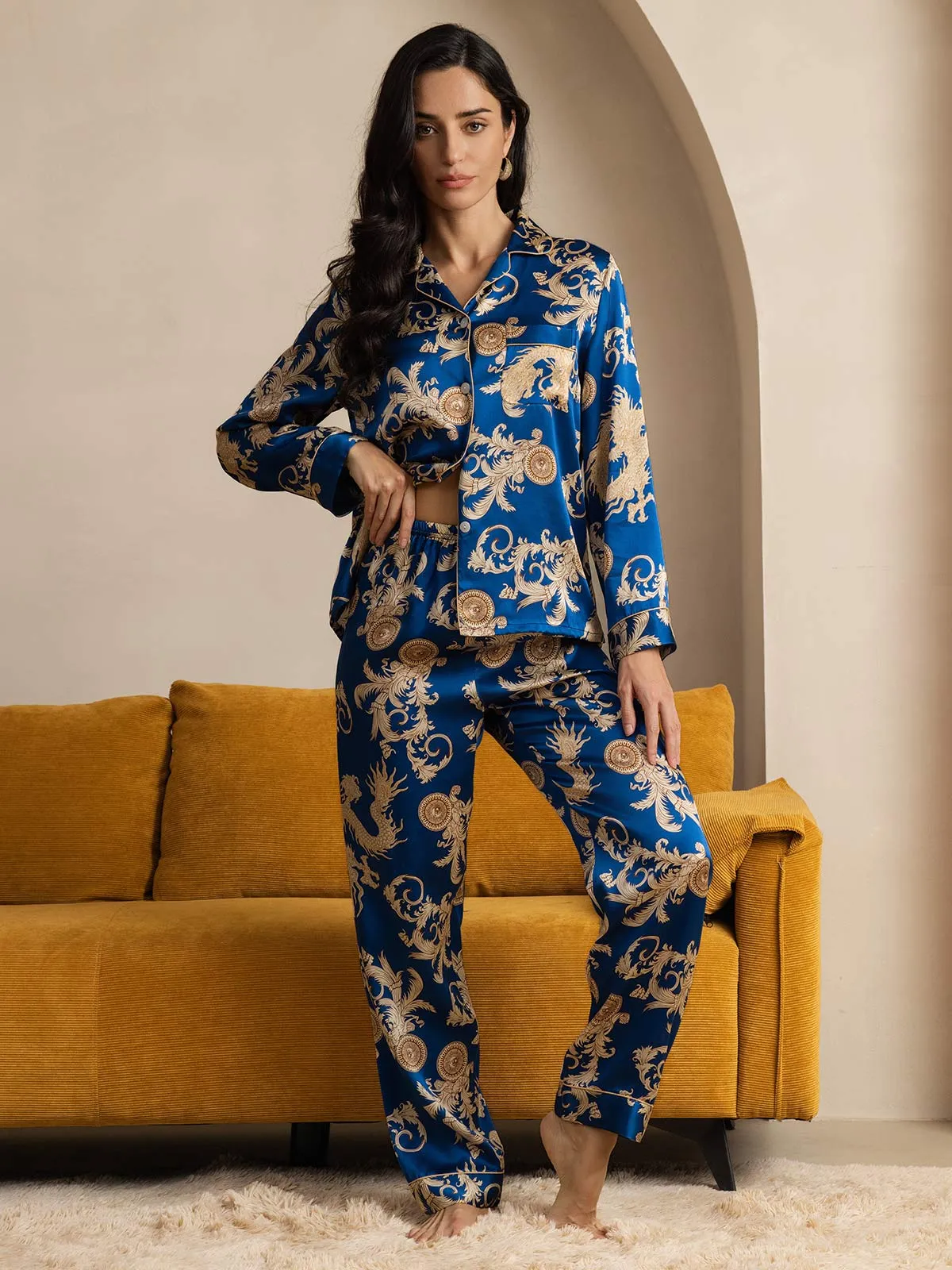Pure Silk Dragon Print Long Sleeve Pajama Set