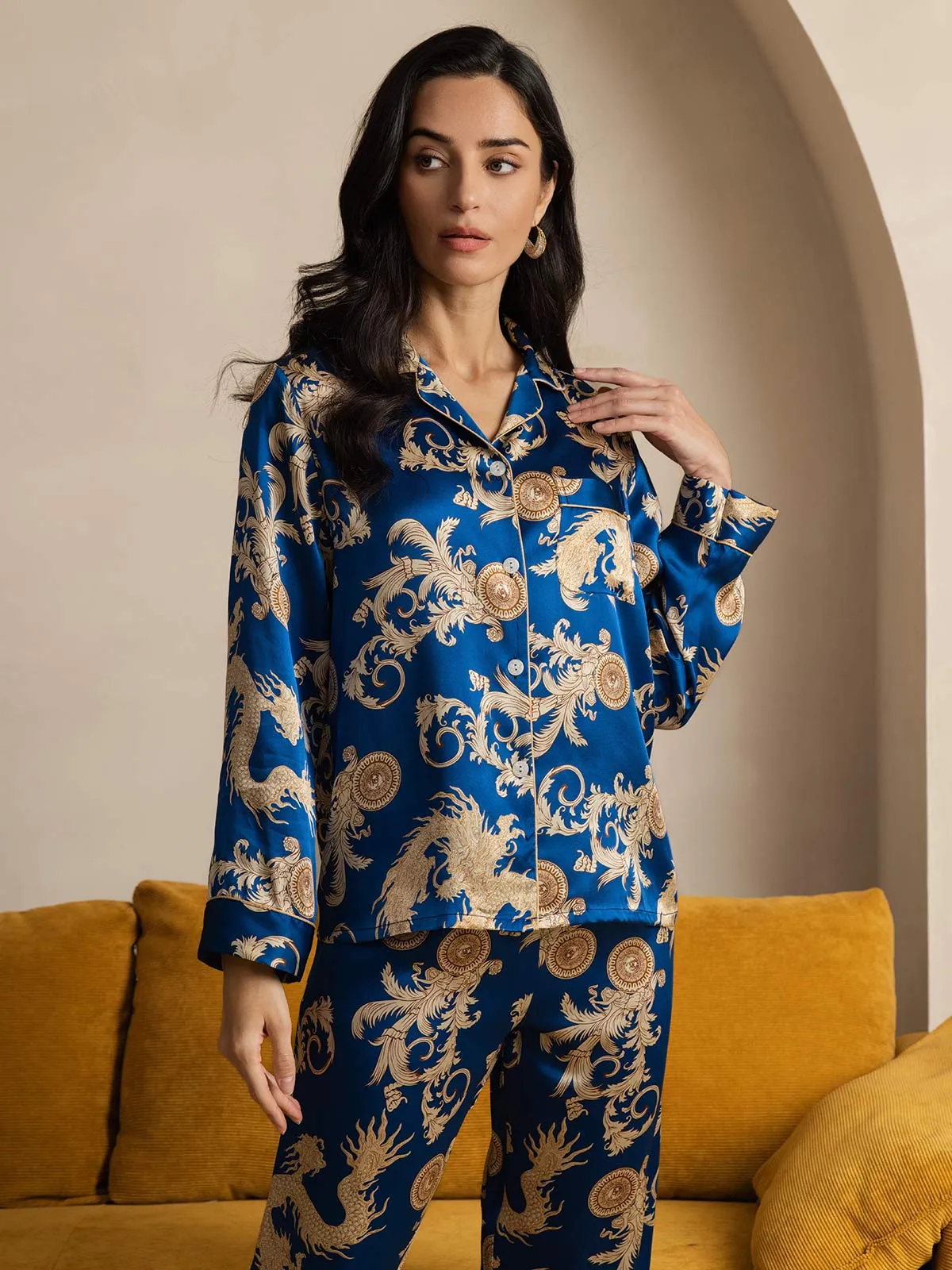 Pure Silk Dragon Print Long Sleeve Pajama Set