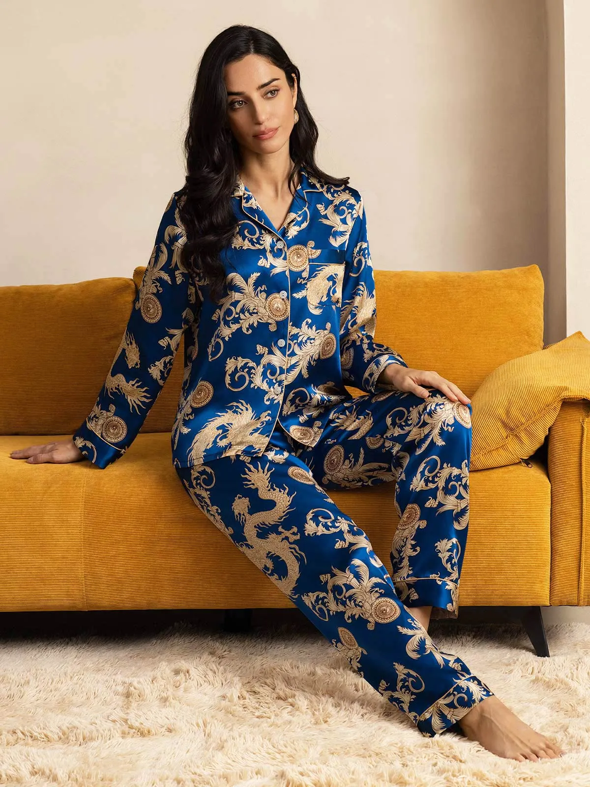 Pure Silk Dragon Print Long Sleeve Pajama Set