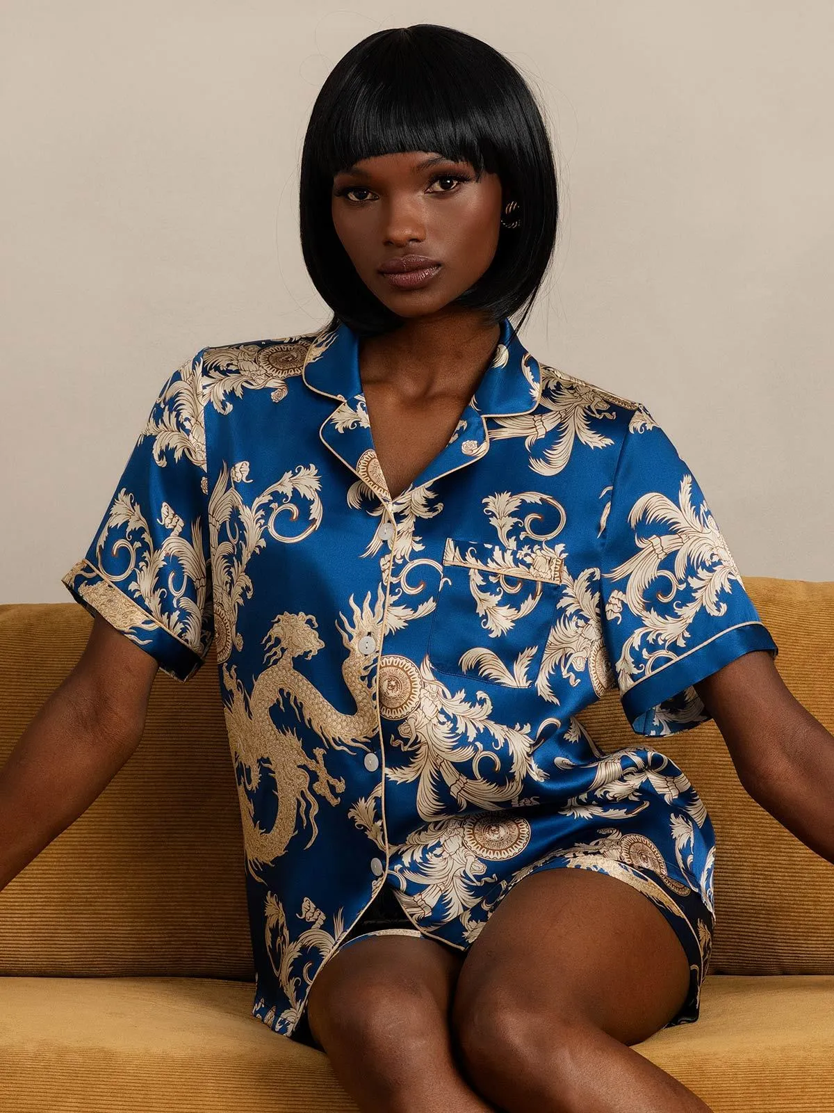Pure Silk Dragon Print Short Sleeve Pajama Set