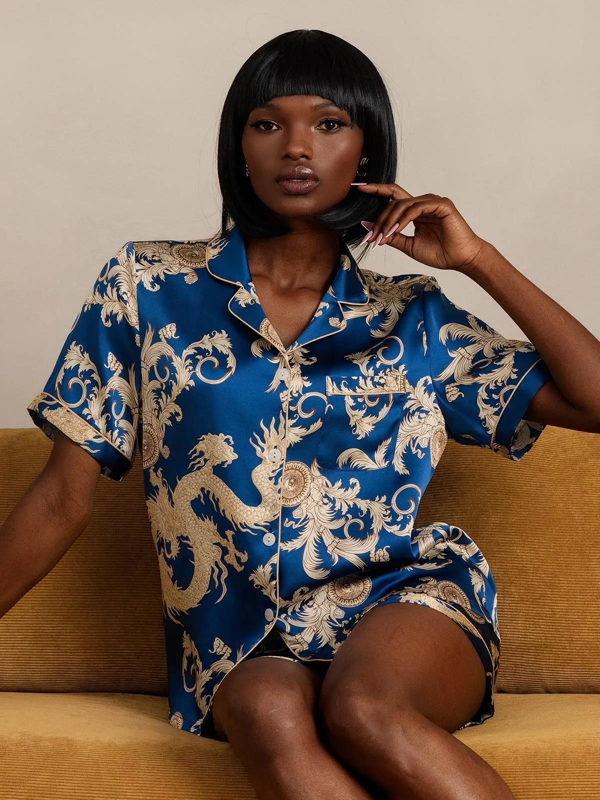 Pure Silk Dragon Print Short Sleeve Pajama Set