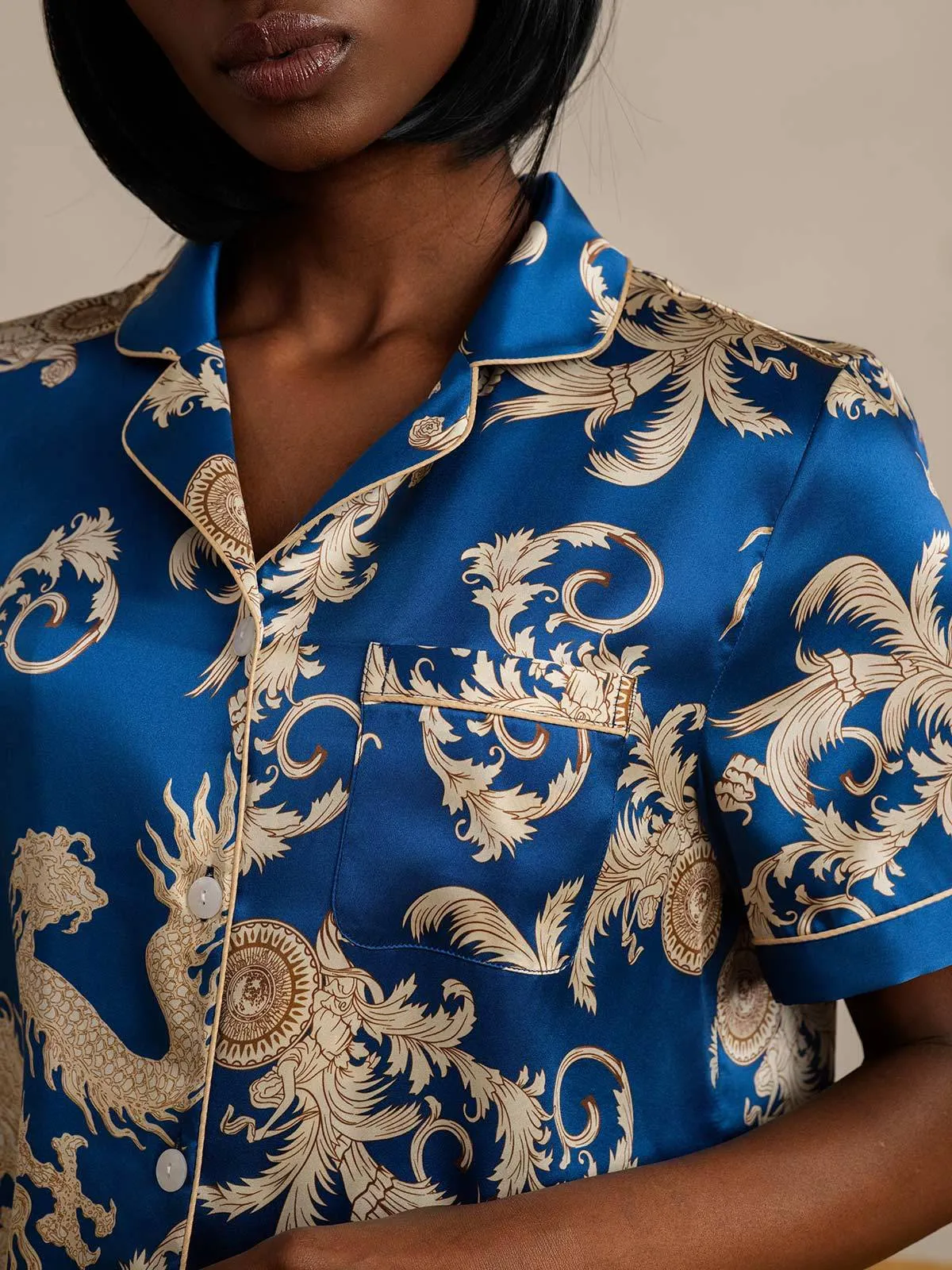 Pure Silk Dragon Print Short Sleeve Pajama Set