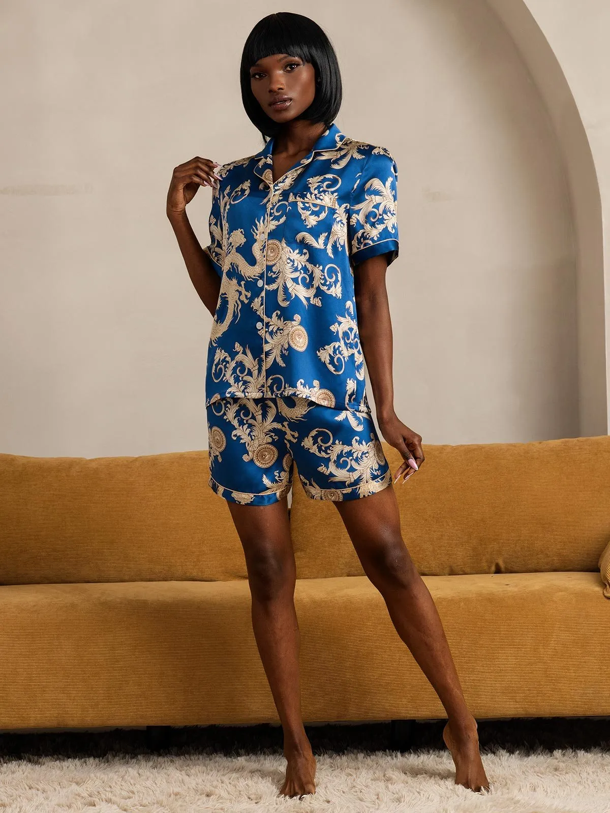 Pure Silk Dragon Print Short Sleeve Pajama Set