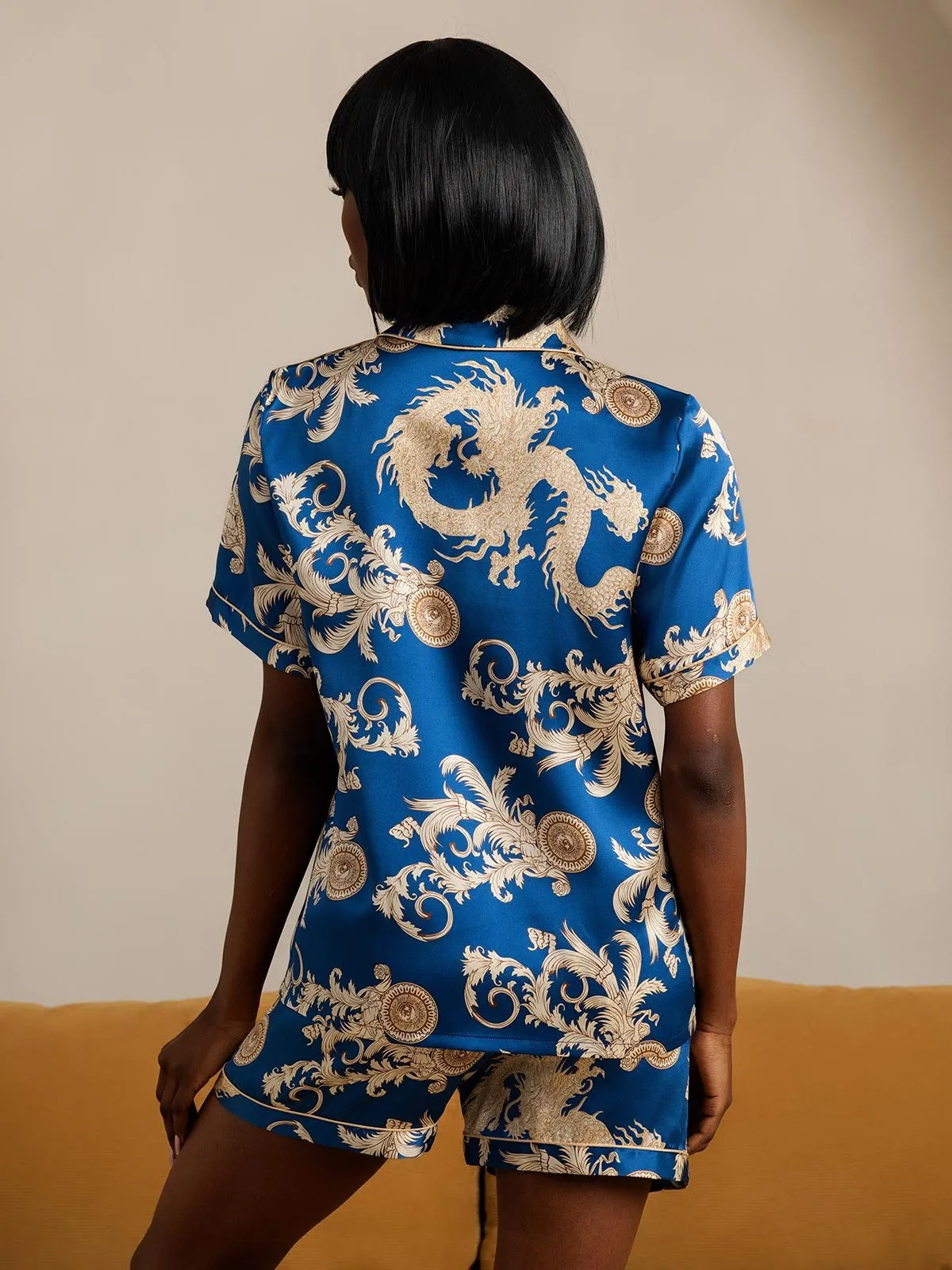 Pure Silk Dragon Print Short Sleeve Pajama Set