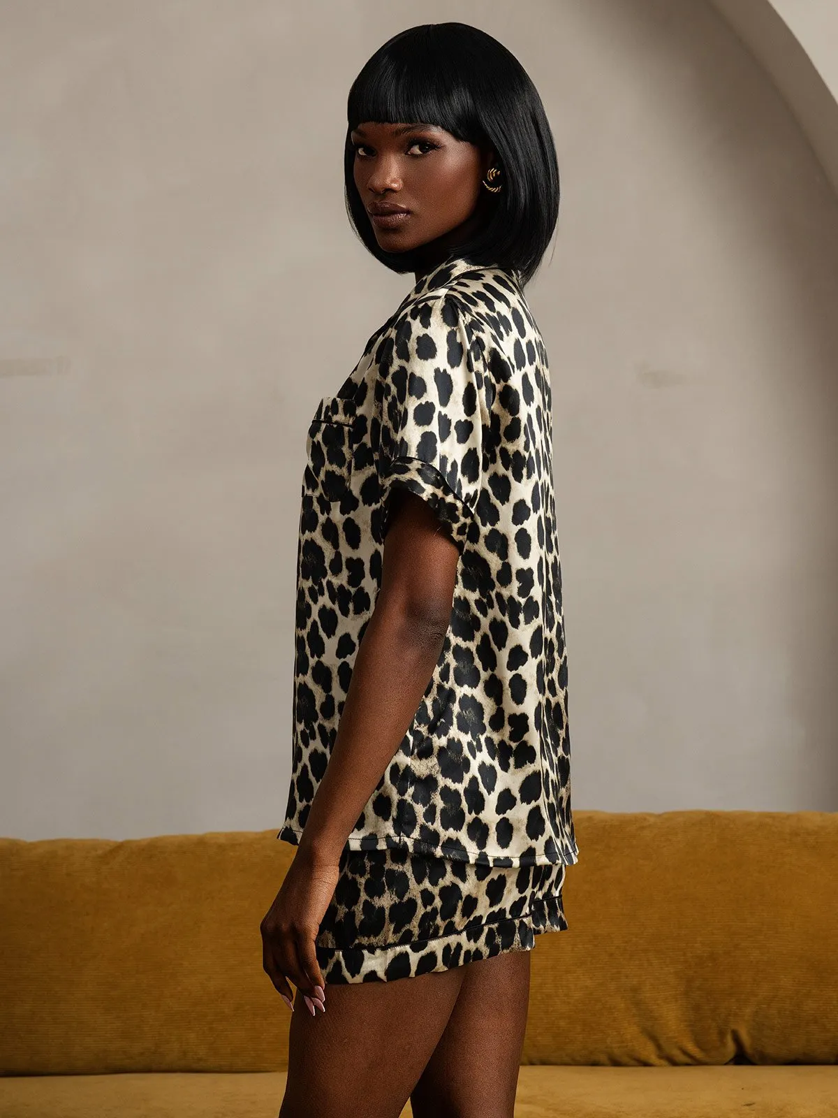 Pure Silk Leopard Pattern Short Sleeve Shorts Pajamas