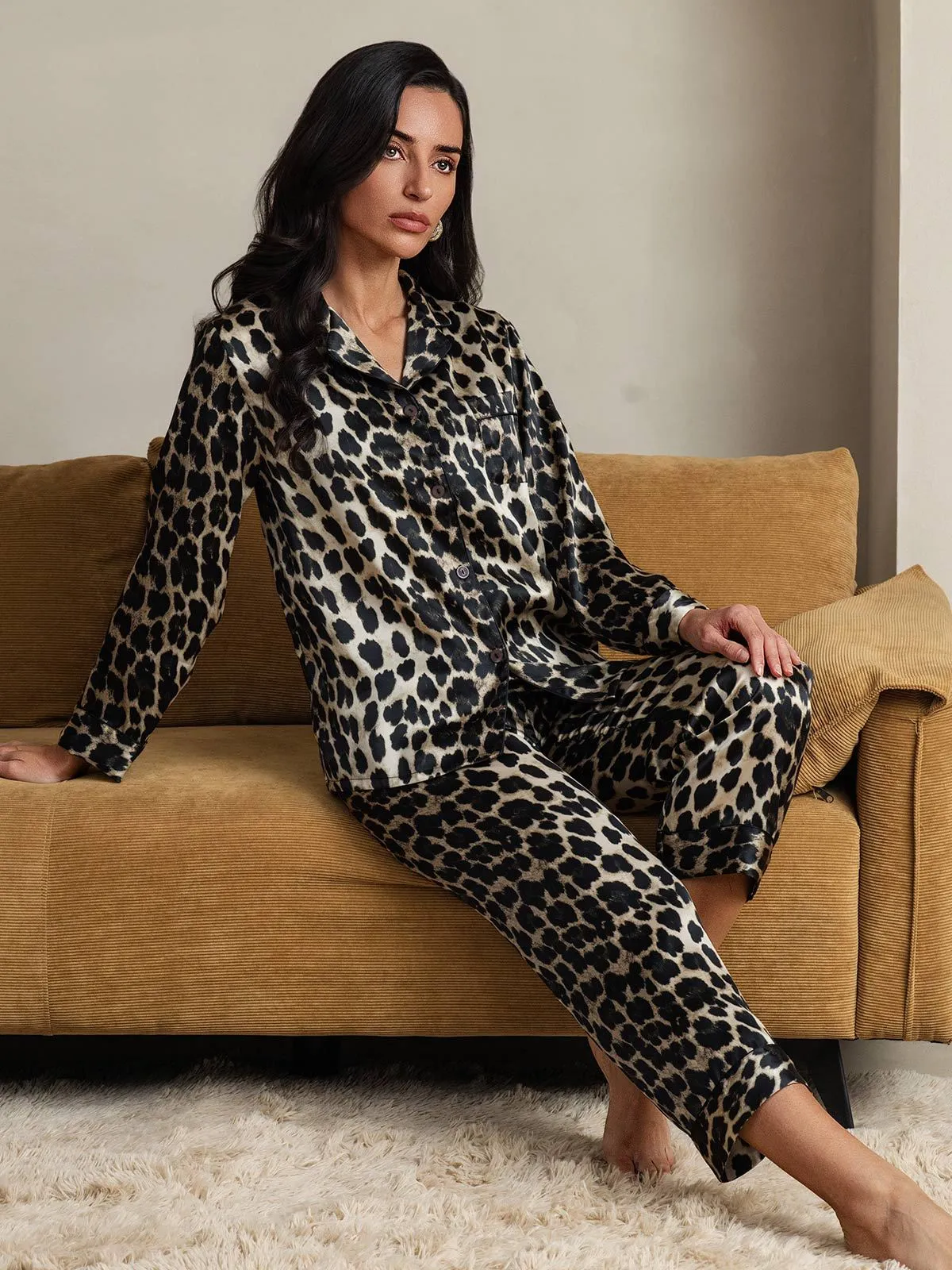 Pure Silk Leopard-Printed Long Sleeve Pants Pajamas