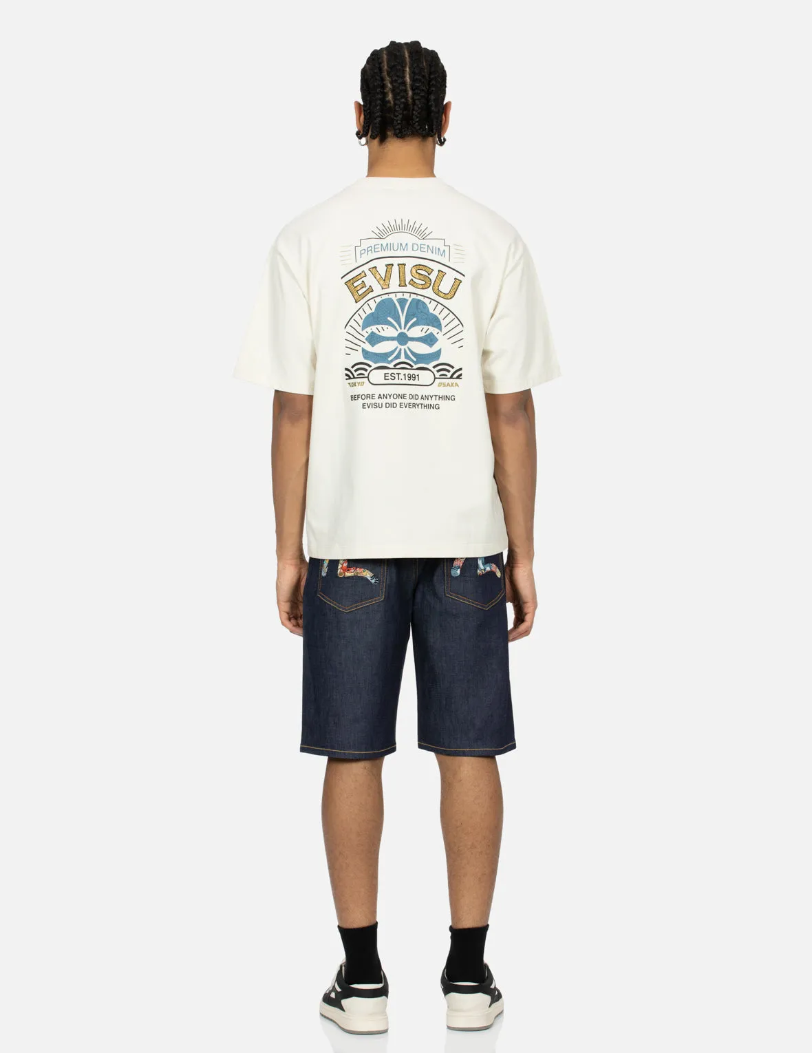 The Great Wave and Koi Seagull Embroidery Relax Fit Denim Shorts