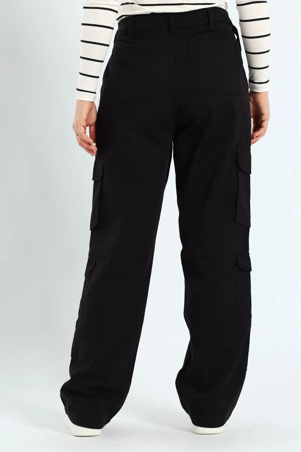 Twill Utility Wideleg Pants With Waist Tape Detail - Black